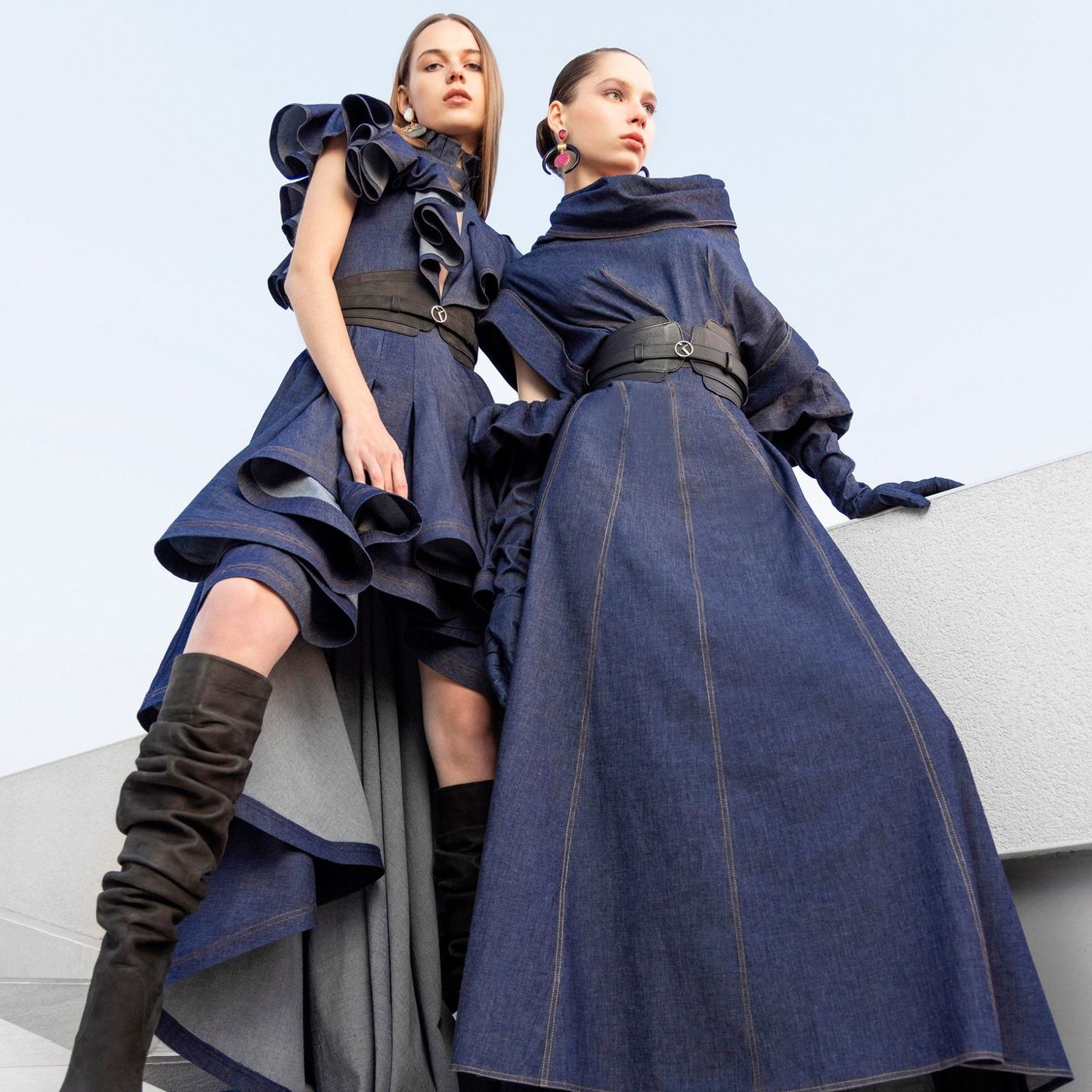 Saiid Kobeisy FW23, two models in sculptural denim